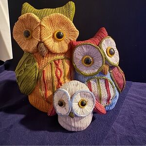 Adorable Owl Family of Three Resin Figurine Faux Knit Sweater Cottagecore